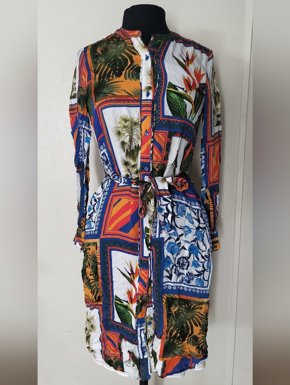 ecru Multicolor Tropical Patchwork Long Sleeve Shirt Dress